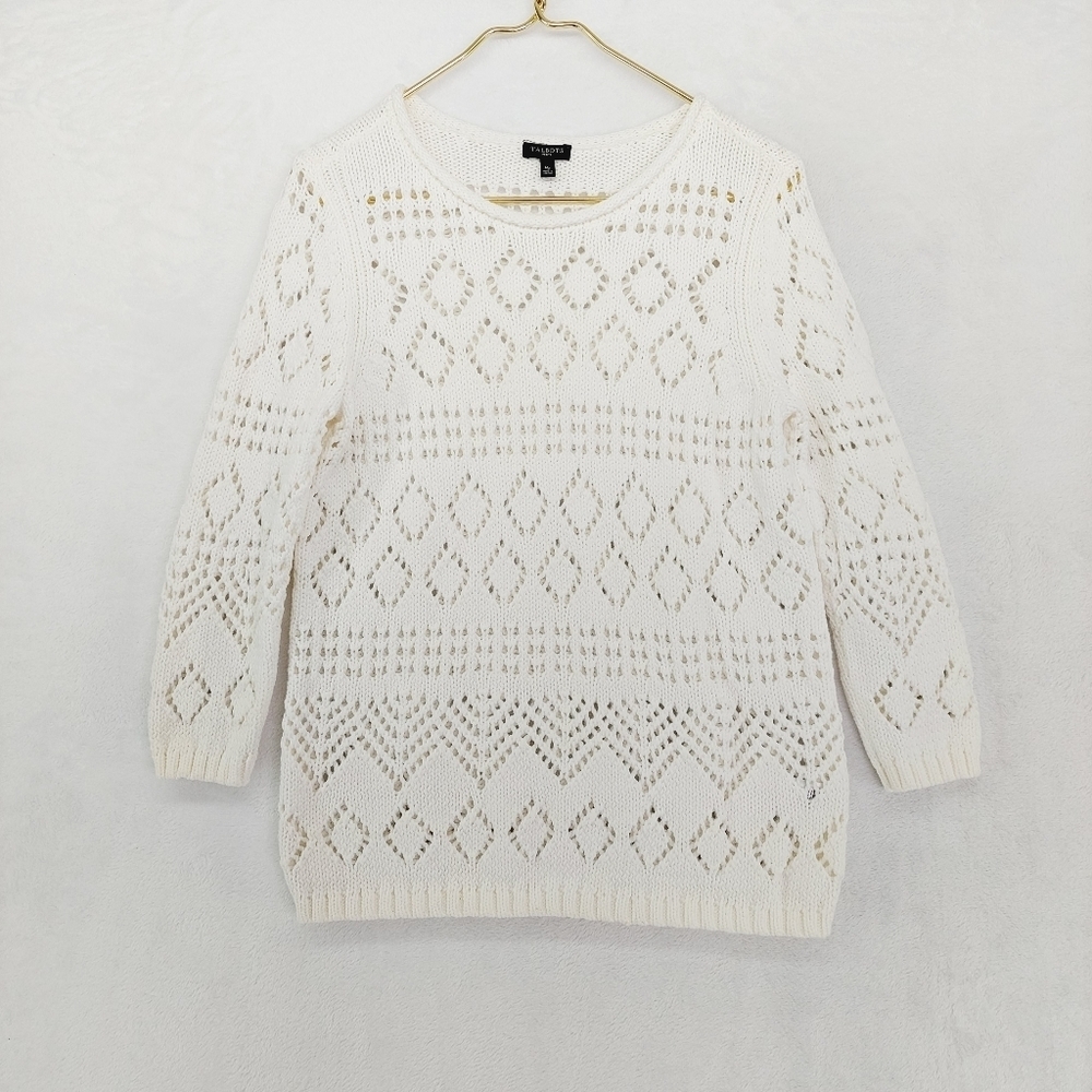 Talbots White Sheer Long Sleeve Crew Neck Pullover Sweater 165